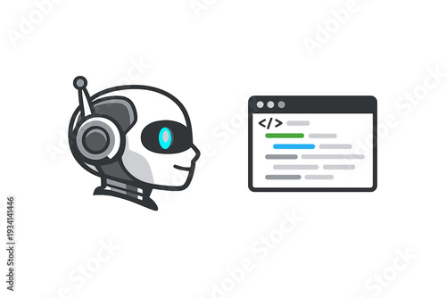 A stylized robot head with glowing blue eyes and a headset is positioned next to a digital window displaying lines of code. This illustration represents AI programming and automation.