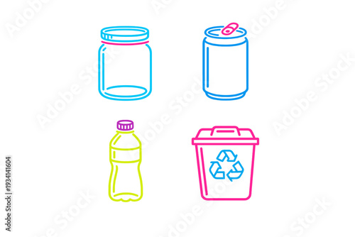 A set of four neon style icons representing recyclable items including a glass jar, a soda can, a plastic bottle, and a recycling bin with a symbol on a black background.