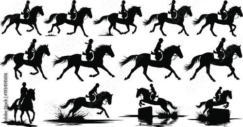 Equestrian Horse Riding Silhouette Vector Set with Jockeys Galloping Jumping and Trotting for Professional Sports Competition and Horse Lover Design