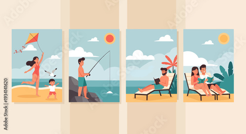A serene beach scene unfolding across four panels, capturing people flying kites, fishing, and lounging under the warm sunshine with a tranquil sea backdrop.
