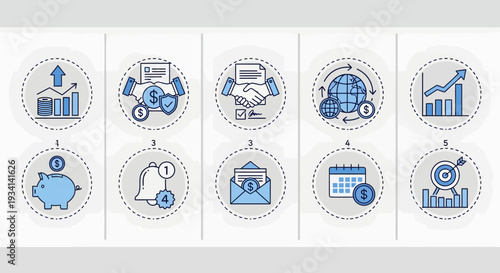 A collection of business icons representing data analysis, teamwork, and strategy in a modern, minimalist style from a straightforward viewpoint.