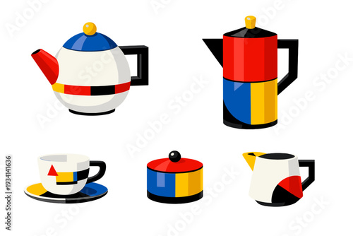 This illustration shows a modern tea set with abstract geometric designs in primary colors. The collection includes a teapot, coffee pot, cup with saucer, sugar bowl, and creamer.