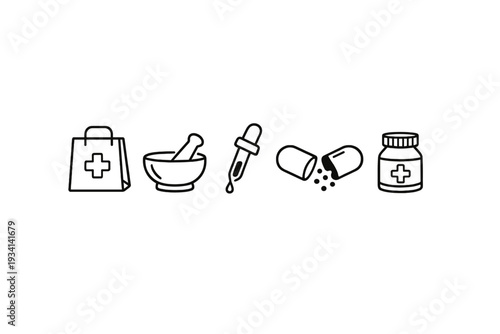 A collection of five black line icons representing pharmacy and medicine, including a medical bag, mortar and pestle, dropper, open capsule, and a medicine bottle on a white background.