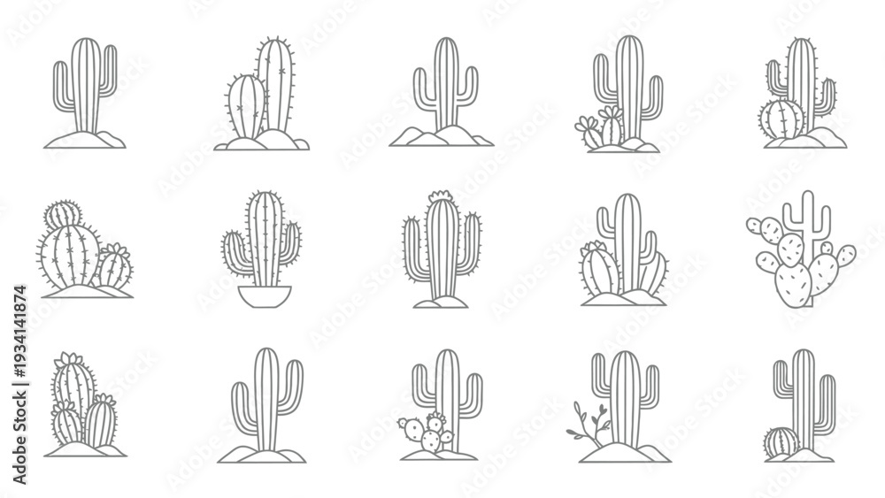 Fototapeta premium A collection of fifteen distinct desert cactus plant line art vector illustrations showcasing various shapes and forms