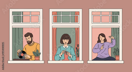 Illustration of three people in separate windows interacting with their smartphones and a cat