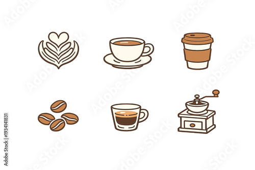 A collection of six coffee-themed icons featuring latte art, a cup of coffee, a takeaway cup, coffee beans, an espresso shot, and a manual grinder on a black background.