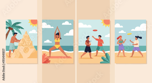 Active people enjoying a sunny day at the beach, participating in various activities and sports, captured from a distant viewpoint.