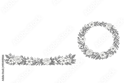 This image displays a circular floral wreath and a matching horizontal border. Both designs include white roses, daisies, and leaves, rendered in a detailed sketch style on black.