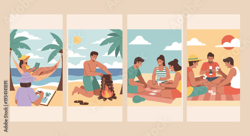 People enjoying leisure activities on a tropical beach, with various individuals participating in different hobbies and relaxation, viewed from a serene and idyllic perspective.