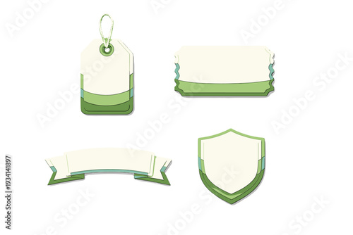 A collection of four blank green and white labels including a hanging tag, a wavy rectangle, a curved banner, and a shield badge, all featuring a layered paper-cut style on a black background.