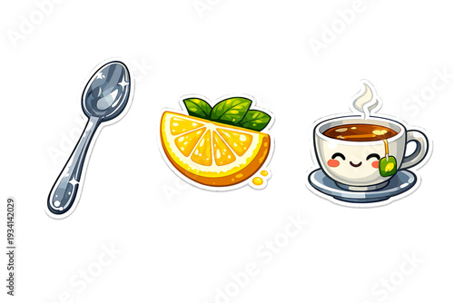 A collection of three cartoon stickers featuring a shiny silver spoon, a fresh orange slice with green leaves, and a cute smiling teacup with a tea bag and steam.
