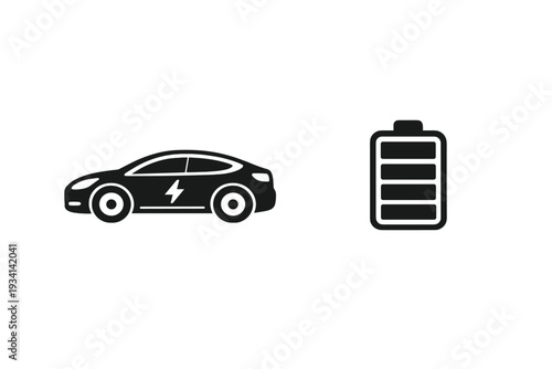 A black silhouette of an electric vehicle with a lightning bolt icon on its side is positioned next to a battery symbol with four bars, all set against a solid black background.