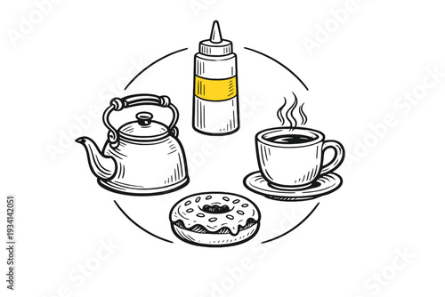 A hand-drawn illustration featuring a teapot, a squeeze bottle with a yellow label, a steaming cup of coffee on a saucer, and a glazed donut arranged in a circular layout on a black background.