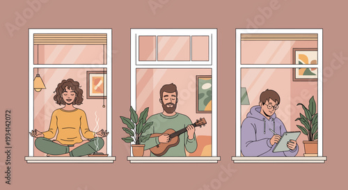 Illustration of three individuals in separate rooms engaging in meditation, playing guitar, and reading, viewed from outside through windows.