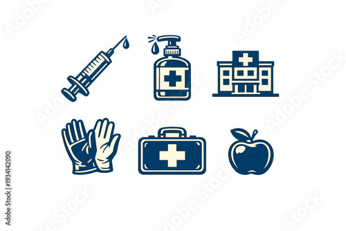 A collection of six medical and health-related icons including a syringe, hand sanitizer, hospital, gloves, first aid kit, and an apple, presented in a dark blue and cream color scheme.