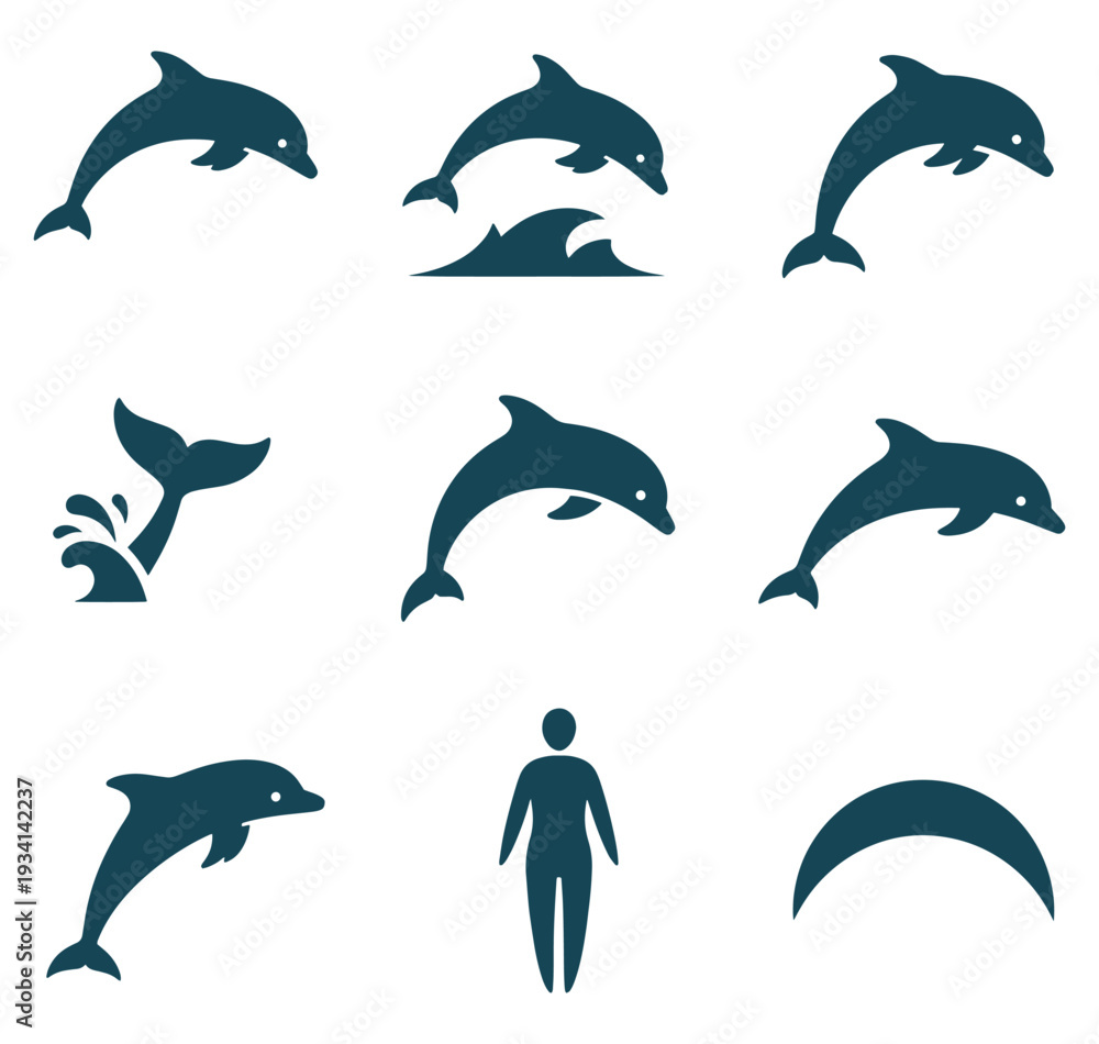 Fototapeta Dolphin silhouettes in various swimming poses and a human figure on white background