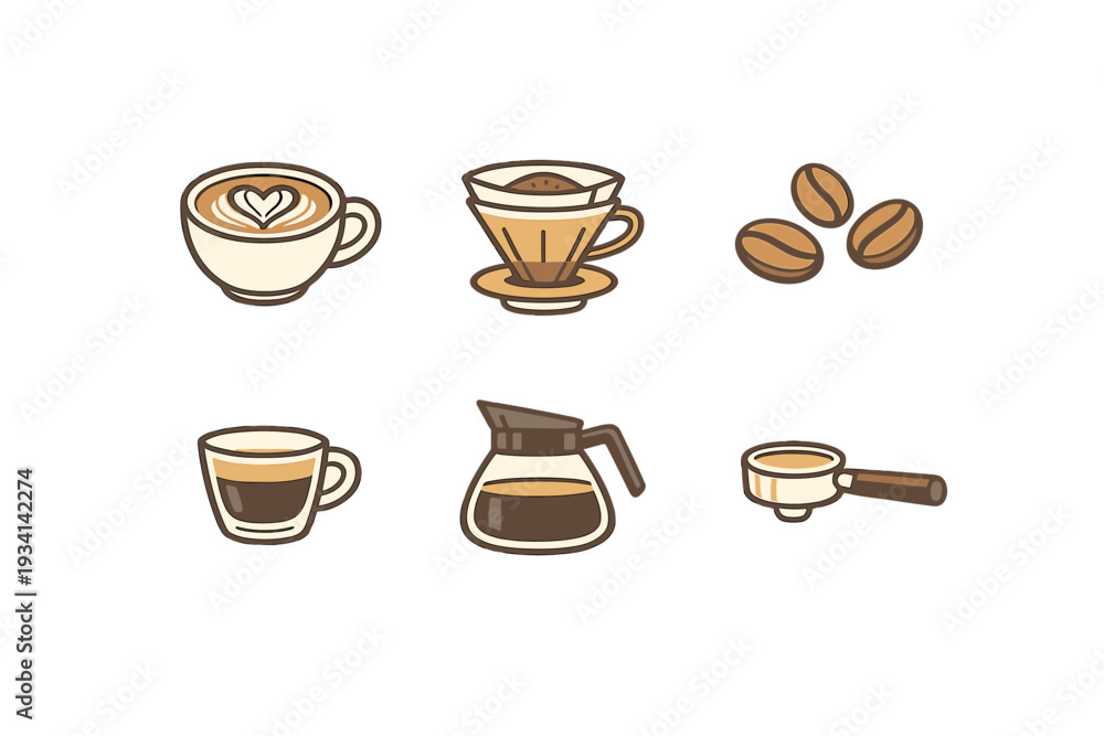 Obraz premium A collection of six coffee-themed icons featuring a latte with heart art, a pour-over dripper, coffee beans, an espresso cup, a glass carafe, and a portafilter on a black background.