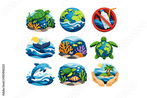 Nine stylized paper-cut icons depicting marine animals like turtles and dolphins, coral reefs, and environmental themes such as ocean protection and plastic-free initiatives.