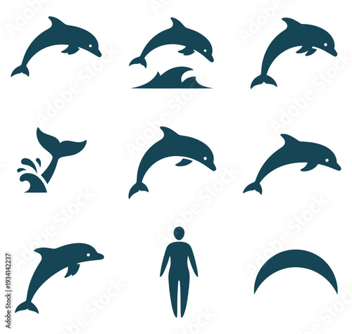 Dolphin silhouettes in various swimming poses and a human figure on white background