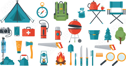 Camping Equipment Collection with Tent, Backpack, Grill, Lantern, Axe, First Aid Kit, and Outdoor Adventure Gear Vector Illustration Set