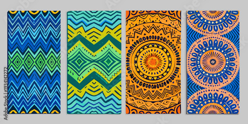 Four vibrant rectangular patterned textiles displayed in a horizontal arrangement