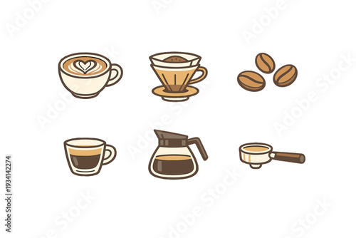 A collection of six coffee-themed icons featuring a latte with heart art, a pour-over dripper, coffee beans, an espresso cup, a glass carafe, and a portafilter on a black background.