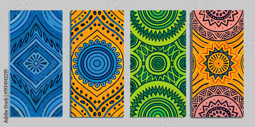 Four vibrant patterned bookmarks with intricate mandala like designs