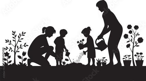 Black silhouette of family planting flowers gardening