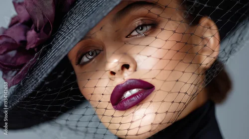 Obraz Elegant Portrait of a Beautiful Woman with Bold Makeup and Stylish Hat, Featuring Dark Lipstick and Delicate Veil, Perfect for Fashion and Beauty Themes