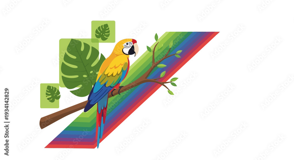 Obraz premium A colorful parrot perched on a branch with vibrant leaves and a rainbow background