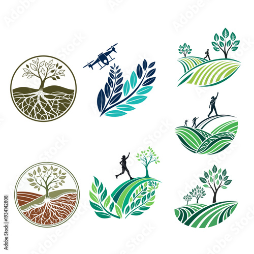 Modern Agriculture and Smart Farming Logo Design Set