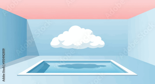 A minimalist illustration of a pool with a cloud in a blue room