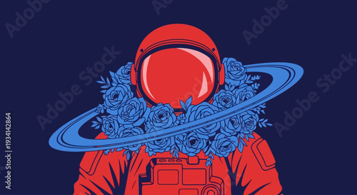 An astronaut in a spacesuit with a floral collar and a planet ring