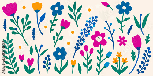 A colorful collection of stylized floral and botanical illustrations