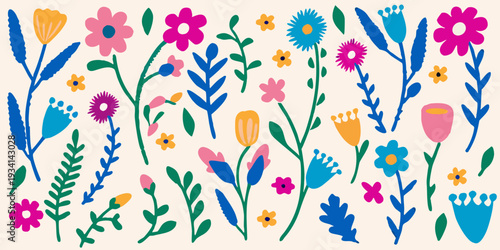 Colorful floral arrangement with various stylized wildflower shapes and leaves