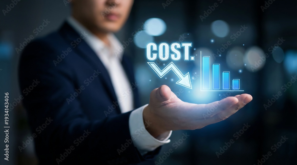 Obraz premium A professional businessman presents a digital projection of decreasing costs and a declining bar graph in a blurred modern office setting.