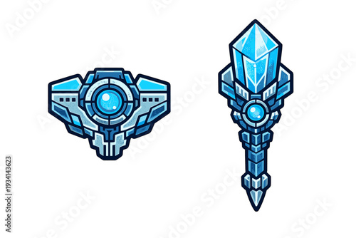 Two stylized blue crystal game assets are shown against a black background. One is a mechanical core with a central lens, and the other is a crystalline sword or staff.