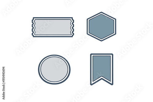 A collection of four minimalist geometric labels in muted blue tones on a black background, including a ticket, hexagon, circle, and pennant shape with dark outlines.