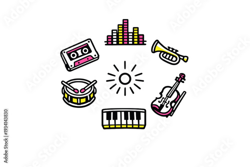 A collection of colorful musical instrument icons including a drum, piano, violin, trumpet, cassette tape, and equalizer bars arranged in a circle on a black background.
