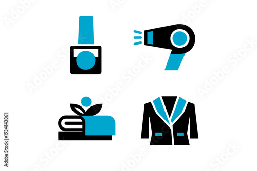 A collection of four blue minimalist icons on a black background depicting beauty and grooming services like nail care, hair styling, massage therapy, and formal fashion attire.