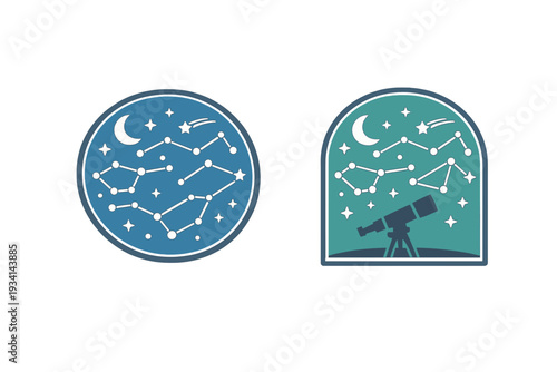 Two stylized illustrations of the night sky featuring a crescent moon, stars, and constellations. One design is circular, while the other is arched and includes a telescope silhouette.