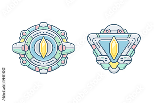 Two futuristic sci-fi icons featuring a circular and a triangular design with central yellow crystals. The illustrations use a pastel color palette on a solid black background.