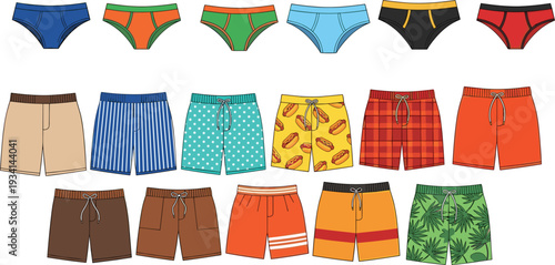 Men underwear and swim shorts vector collection with colorful briefs and beach boardshort designs
