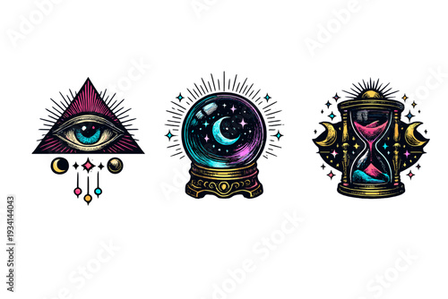 Three mystical icons featuring an all-seeing eye in a triangle, a crystal ball with a crescent moon, and an hourglass with colorful sand, all set against a solid black background.