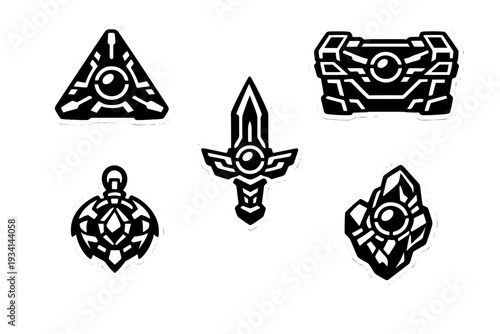 Five stylized white icons on a black background depicting a triangle, a sword, a treasure chest, an amulet, and a crystal, all featuring a central circular orb design.
