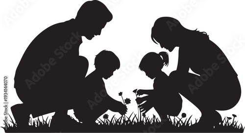 Black silhouette of family with two children picking flowers in grass