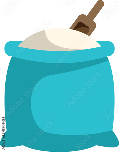 Bag of flour with a scoop on a white background, representing baking ingredients