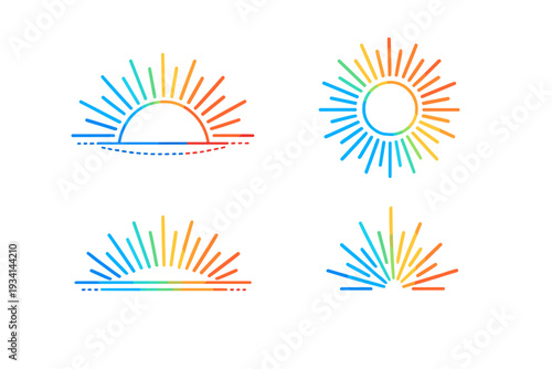 A collection of four stylized sun icons featuring vibrant rainbow gradients on a black background. The designs include full suns and sunrises with radiating lines and horizon details.
