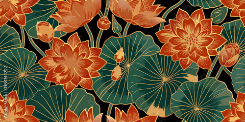 Elegant floral pattern featuring orange lotus blossoms and green leaves
