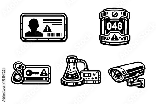 A collection of five white security and laboratory icons on a black background, including an ID card, a chemical canister, a keycard, a bubbling flask, and a surveillance camera.